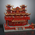 Cartoon Chinese Red Palace With Multi Story Pavilion Golden Decorations Curved Eaves And Hanging Lanterns