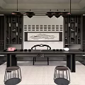 Modern Tea Room Interior Design With Long Black Table Pendant Lights Bookshelves And Wall Landscape Painting