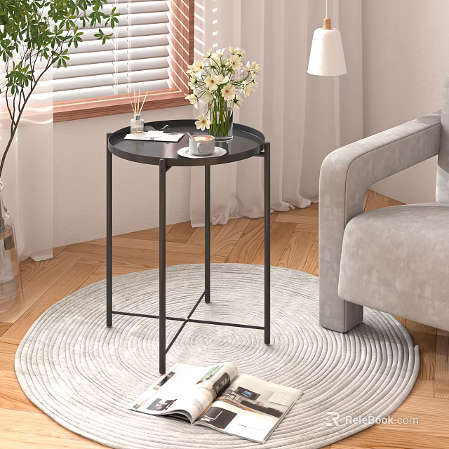 Modern Home Balcony Interior With Gray Armchair Black Side Table Floral Vase And Round Rug 3d model 