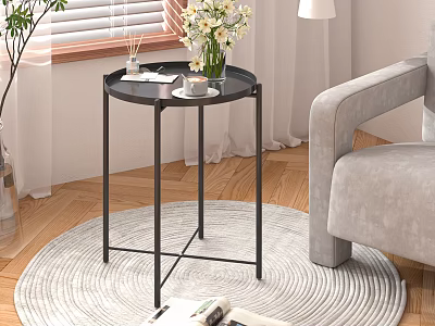 Modern Home Balcony Interior With Gray Armchair Black Side Table Floral Vase And Round Rug 3d model