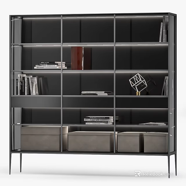 Modern Bookshelf Interior Design With Multiple Compartments Books Red Storage Boxes Metal Frame 3d model