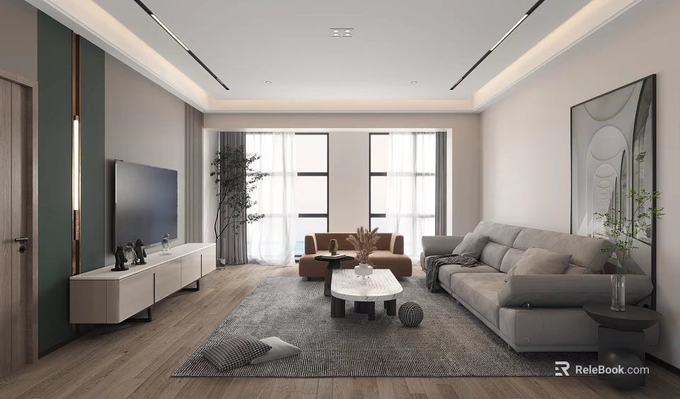 Modern Living Room Interior With Large TV Gray Sofa And Coffee Table 3d model 