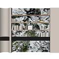 Contemporary Bookcase Design with Marble Pattern Shelves Holding Books Framed Photos and Decorative Objects