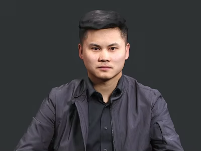 Man Sitting In Dark Jacket And Black Shirt Against Gray Background 3d model