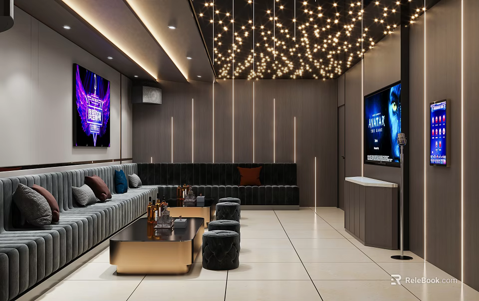 Modern KTV Lounge Interior With Comfortable Sofa Coffee Table TV Screens And Sparkling Lighting 3d model 