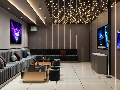 Modern KTV Lounge Interior With Comfortable Sofa Coffee Table TV Screens And Sparkling Lighting 3d model