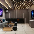 Modern KTV Lounge Interior With Comfortable Sofa Coffee Table TV Screens And Sparkling Lighting