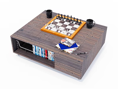 Wooden Coffee Table with Chessboard Top Storage Shelf Books Mugs and Chess Pieces 3d model