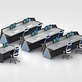 Multiple Modern Office Desks With Blue Accents Chairs And Computer Monitors 3d model