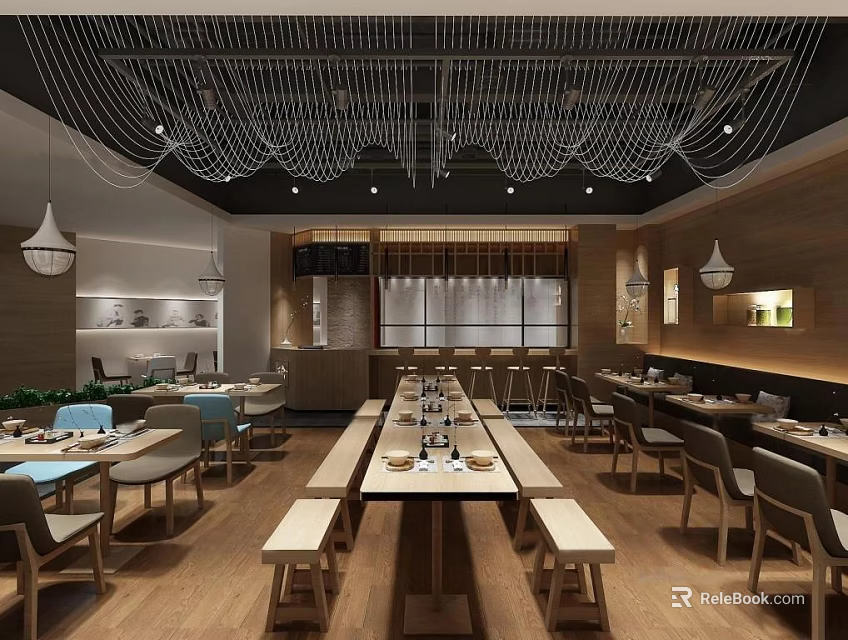 Modern Restaurant Interior With Long Dining Tables Wooden Chairs And Decorative Ceiling Lights 3d model 