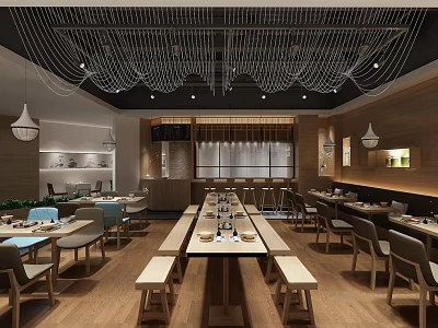 Modern Restaurant Interior With Long Dining Tables Wooden Chairs And Decorative Ceiling Lights 3d model