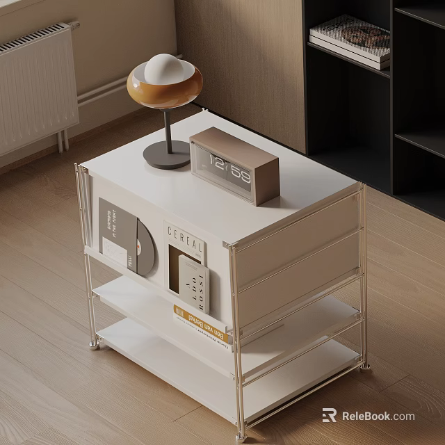 Modern Minimalist Bedside Table With Metal Frame Open Shelves Table Lamp And Digital Clock 3d model