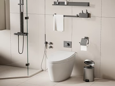 Modern White Toilet In Bathroom Interior With Glass Shower Door Towel Rack And Trash Bin 3d model