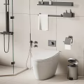 Modern White Toilet In Bathroom Interior With Glass Shower Door Towel Rack And Trash Bin