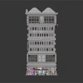 Cartoon Scene Multi Storey Building With Bright Windows Colorful Bottom Decorations And Sloped Roofs