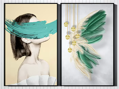 Abstract Wall Art With Woman Figure Teal Brush Stroke Golden Beads And Feathers 3d model