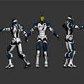 3D Rendered Blue And White Robots With Yellow Heads In Different Standing Waving Poses