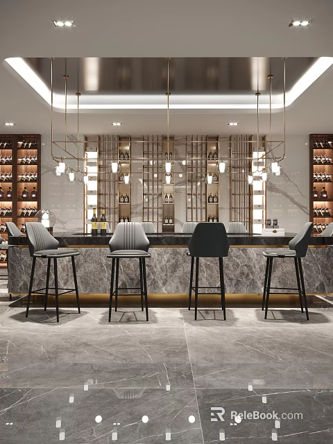 Modern Bar Counter Interior With Marble Top Wine Racks And Pendant Lights 3d model 
