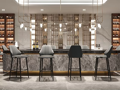 Modern Bar Counter Interior With Marble Top Wine Racks And Pendant Lights 3d model