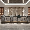 Modern Bar Counter Interior With Marble Top Wine Racks And Pendant Lights