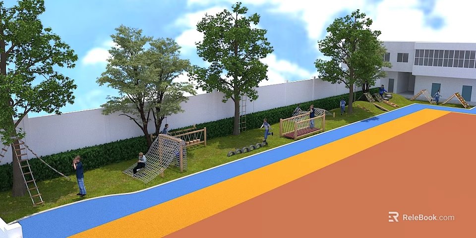 Kindergarten Playground With Trees White Wall Green Lawn Climbing Frames Colorful Ground And Children Playing 3d model 