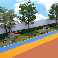 Kindergarten Playground With Trees White Wall Green Lawn Climbing Frames Colorful Ground And Children Playing