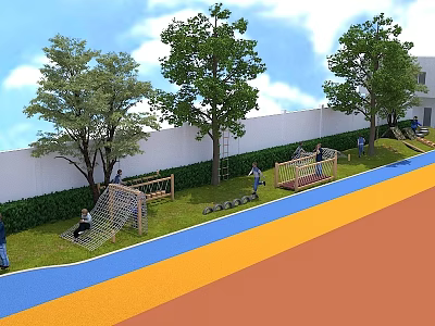 Kindergarten Playground With Trees White Wall Green Lawn Climbing Frames Colorful Ground And Children Playing 3d model