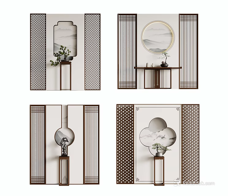 Elegant Chinese Traditional Screen Designs with Lattice Patterns and Decorative Elements 3d model