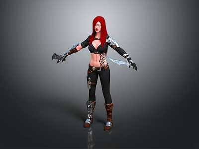 3D Female Character With Red Hair Leather Outfit Tattoos And Dual Daggers 3d model