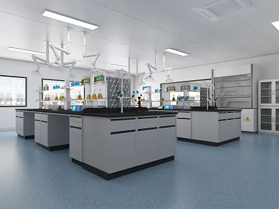 Modern Laboratory Interior With Lab Benches Fume Hoods Storage Cabinets And Lighting 3d model