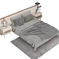 Modern Double Bed With Wooden Headboard Gray Pillows Checkered Quilt Nightstands Lamp Rug Pendant Light