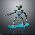 White Robot with Yellow Ears and Green Striped Limbs Riding Blue Skateboard
