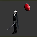 White Haired Character In Black Outfit With Glowing Red Circular Object On Gray Background