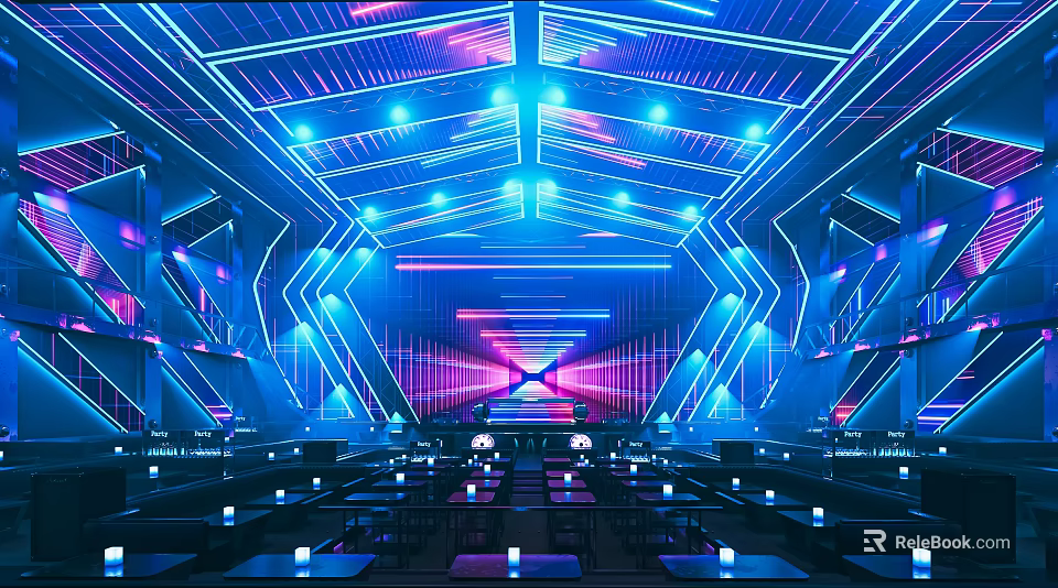 Futuristic Neon Lit Bar Interior With Colorful Lighting Modern Seating And Counter Design 3d model 
