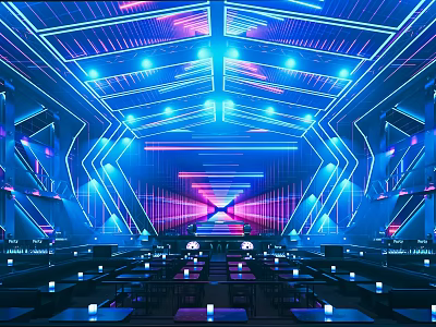 Futuristic Neon Lit Bar Interior With Colorful Lighting Modern Seating And Counter Design 3d model
