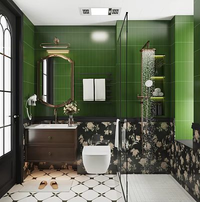 Vintage Style Bathroom With Green Wall Tiles And Beautiful Floral Pattern Decorations And Brass Accents 3d model