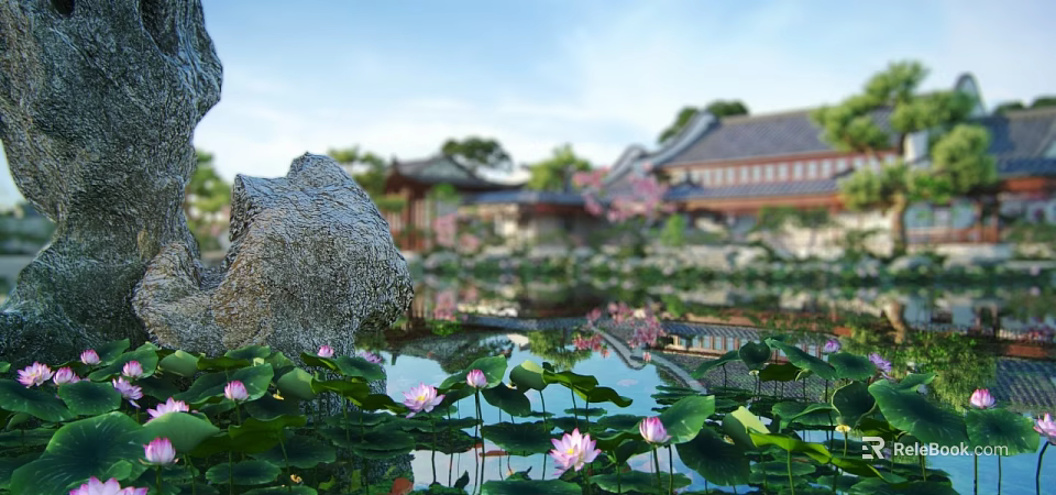 Scenic Chinese Garden Landscape With Large Rock Pink Lotus Flowers Pond Reflections And Traditional Buildings 3d model 
