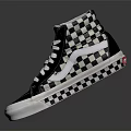 High Top Black And White Checkerboard Sneakers With White Laces And Red Logo