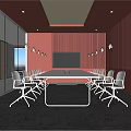 Contemporary Conference Room Featuring Red Vertical Slat Walls White Table Chairs And Ceiling Skylight