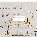 Golden And Black Fitness Equipment Collection With Various Strength Training Tools And Machines