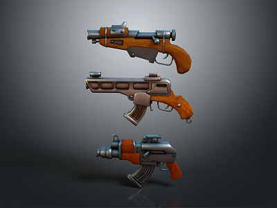 Three Futuristic Sci Fi Pistols With Retro Design Elements And Orange Grips 3d model