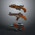 Three Futuristic Sci Fi Pistols With Retro Design Elements And Orange Grips 3d model