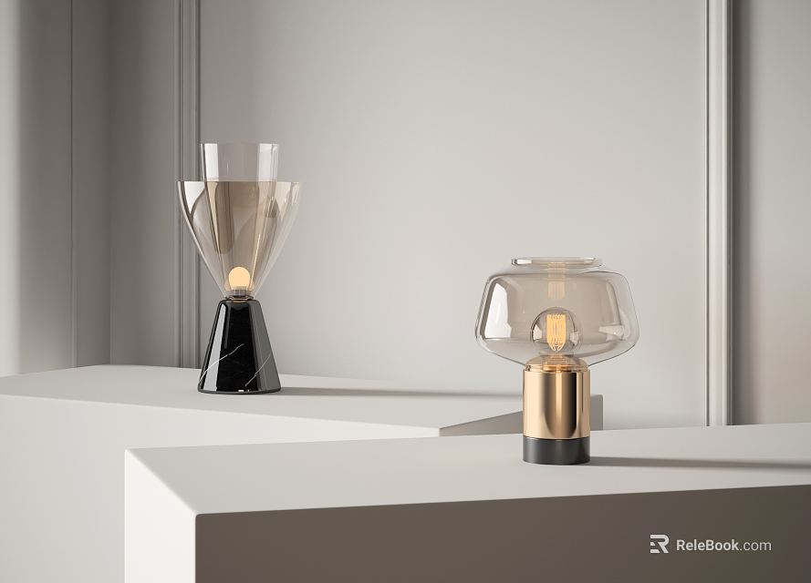 Modern Minimalist Table Lamps With Glass Shades And Black Gold Metal Bases On White Shelves 3d model 