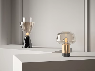 Modern Minimalist Table Lamps With Glass Shades And Black Gold Metal Bases On White Shelves 3d model