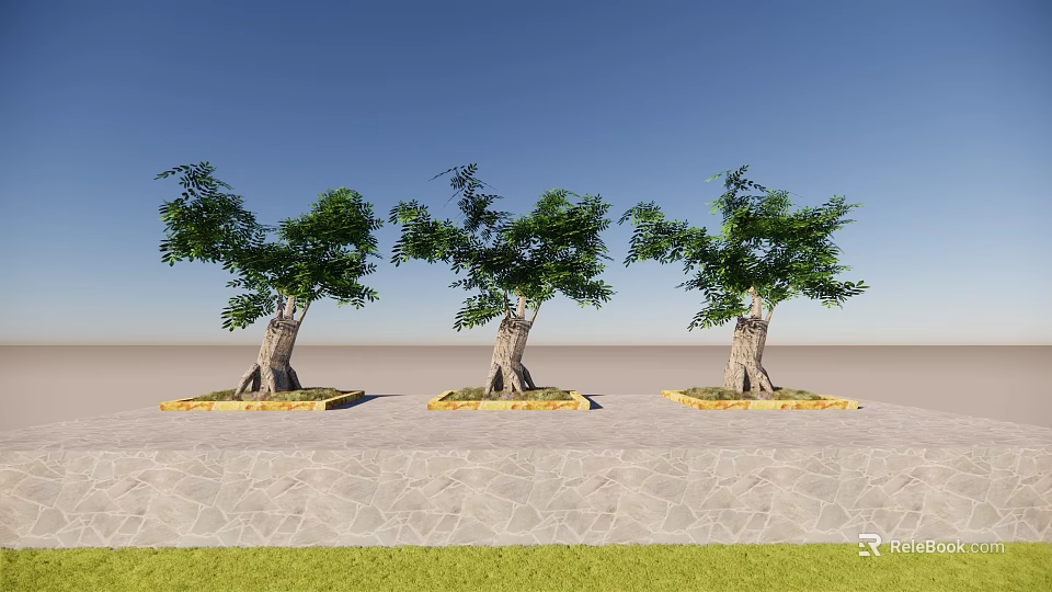 Lush Green Arbor Trees with Textured Trunks in Square Flower Beds Under Blue Sky 3d model 
