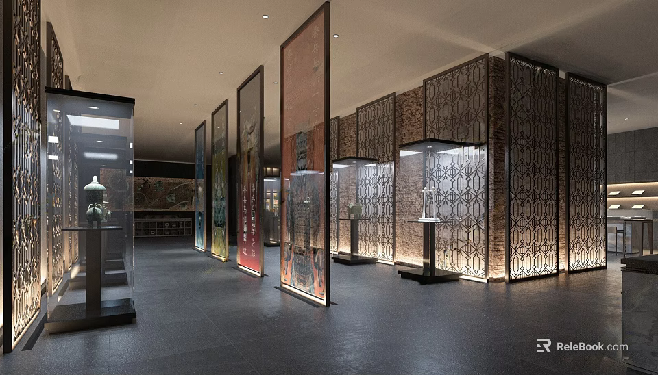 Cultural Center Interior Design With Decorative Panels Display Cases And Lighting 3d model 