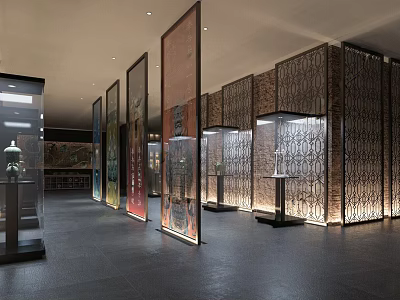 Cultural Center Interior Design With Decorative Panels Display Cases And Lighting 3d model