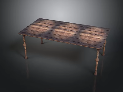 Vintage Wooden Table with Plank Top and Carved Legs for Home Decor 3d model