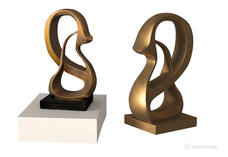 Golden Abstract Ornament Sculpture Set with Modern Curved Design and Sturdy Bases 3d model 