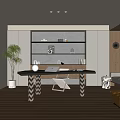 Modern Open Study Room Interior With Wooden Desk Floating Shelves And Green Plant